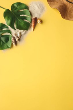 Sarı bir arka planda şapka, kum, deniz kabukları, metin için yer.