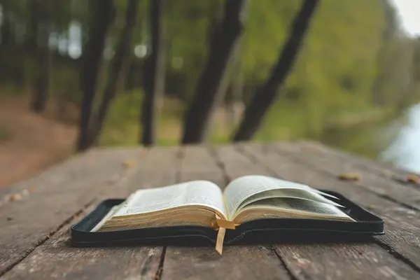 Open Bible on a wooden board near the river.