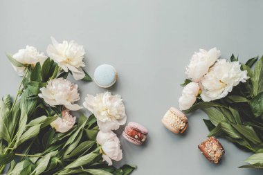 Makaronlar ve şakayıklar, düz bir görünüm..