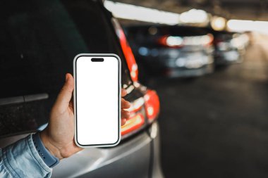 Uygulama veya web sitesi mockup promosyon için Mockup boş ekran cep telefonu. Otomobil bayiliği için ideal, otomobil servisi online, akıllı otomobil konsepti, Araba alışveriş online.