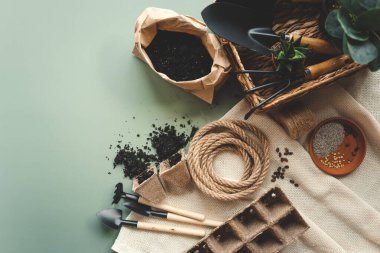 Ev, bahçe, yeşil arka planda sebze bahçesi için bir takım aletler..