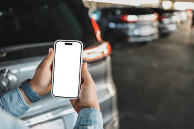 Uygulama veya web sitesi mockup promosyon için Mockup boş ekran cep telefonu. Otomobil bayiliği için ideal, otomobil servisi online, akıllı otomobil konsepti, Araba alışveriş online.