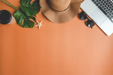 Metinleriniz, aksesuarlarınız, laptopunuz, renkli arkaplanınızdaki deniz kabukları için yer alan yaz arkaplanı.