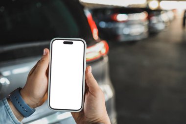 Uygulama veya web sitesi mockup promosyon için Mockup boş ekran cep telefonu. Otomobil bayiliği için ideal, otomobil servisi online, akıllı otomobil konsepti, Araba alışveriş online.