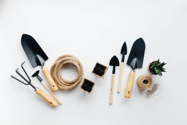 Beyaz arkaplanda bir bahçe aracı seti.