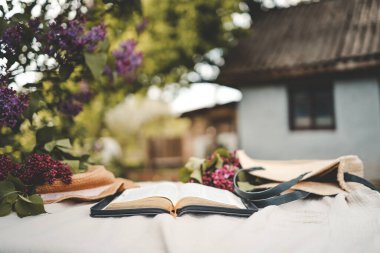 Köydeki masada İncil 'i aç, arka planda eski vintage evler..