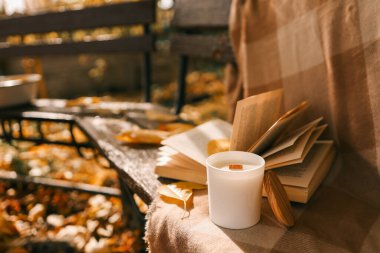 Mum ve açık kitap doğada, sonbahar konsepti.