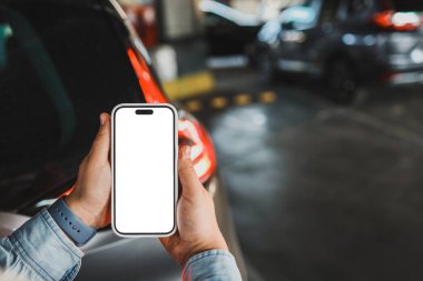 Uygulama veya web sitesi mockup promosyon için Mockup boş ekran cep telefonu. Otomobil bayiliği için ideal, otomobil servisi online, akıllı otomobil konsepti, Araba alışveriş online.
