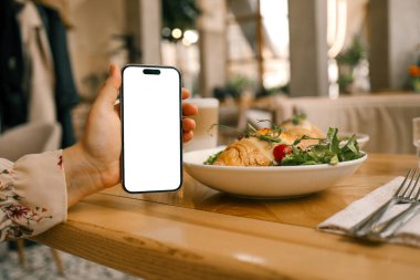 Bir kafede kahvaltının arka planında izole bir ekranı olan bir telefon, kalori saymak için bir uygulama.