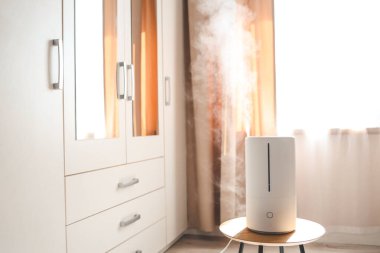 Modern hava nemlendiricisi oturma odasındaki masada. Metin için boşluk.