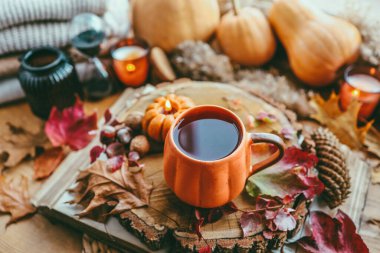 Pencere kenarında sonbahar durgun bir hayat, bir fincan çay, mumlar, balkabakları, yapraklar, şükran günü içleri..