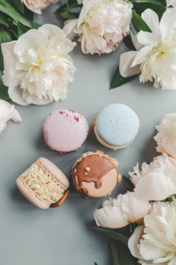 Makaronlar ve şakayıklar, düz bir görünüm..