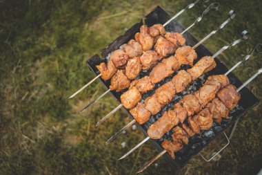 Adam gün içinde arka bahçede ızgara ızgara domuz eti yapıyor. Aile yemeği açık hava tarzı bbq etkinliği.