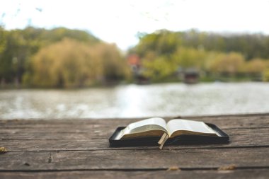 Open Bible on a wooden board near the river.