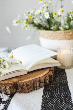 An open book and a bouquet of daisies, atmospheric aesthetic photography.