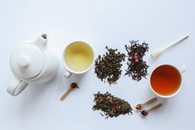 Beyaz arka planda çay, çaydanlık ve fincan çeşitleri, üst görünüm.