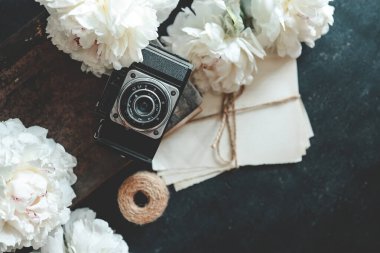 Yaz arkaplanı, düz konum düzeni, şakayıklar ve retro kamera.