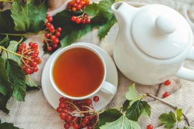 Sonbahar kompozisyonunda Viburnum ile bir fincan çay..