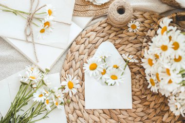 Papatya ve estetik dekorlu zarf, tatil konsepti..