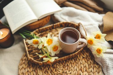Bir fincan sıcak çay ve bahar içeceği. Günaydın konsept.