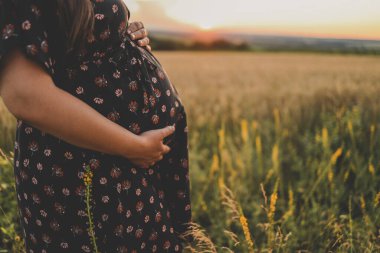 Doğa arka planında elleri karnında hamile bir kadının yakın çekimi. Hamilelik kavramı, annelik, bebek doğumu beklentisi.
