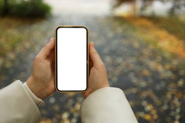 Güz parkında, sokağın ortasında, izole bir ekranda telefon..