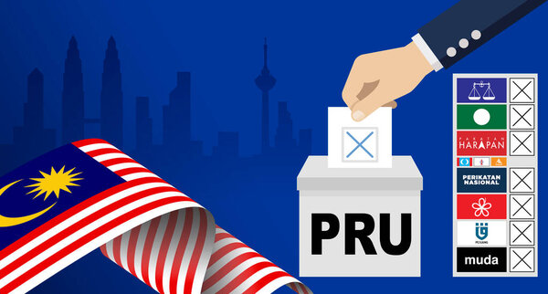 Концепция Дня Всеобщих выборов, известная как PRU. Флаг Малайзии и городской пейзаж Куала-Лумпура
