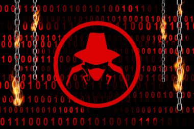 Hacker symbol with digital binary code, chain of fire. Threat actor, APT, advanced persistent threat, ransomware, malware, ddos, cyber incident cybersecurity vulnerability malicious attack concept clipart