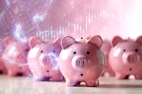 说明业务 金融交易概念 粉红储蓄罐与美元符号和蜡烛棒图相混合 — 图库照片#
