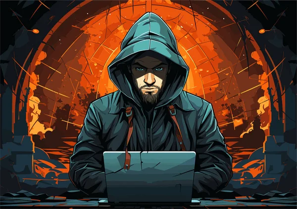Illustration Man Hoodie Using Computer Laptop Cybersecurity Chaos Background — Stock Vector