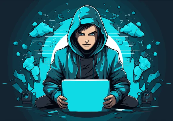 Εικονογράφηση Του Ανθρώπου Κουκούλα Χρησιμοποιώντας Φορητό Υπολογιστή Φόντο Χάος Cybersecurity — Διανυσματικό Αρχείο