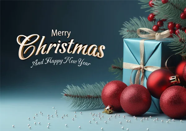圣诞节和新年蓝色背景 圣诞树松树郁郁葱葱 礼品盒 装饰品 玻璃球挂在带子上 明亮的寒假作曲 — 图库照片#