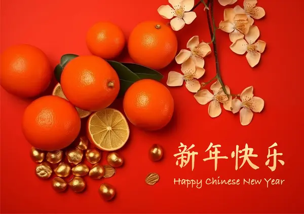 Szczęśliwego Chińskiego Nowego Roku Kwiat Wiśni Prezent Pomarańcza Złoto Ilustracja — Zdjęcie stockowe