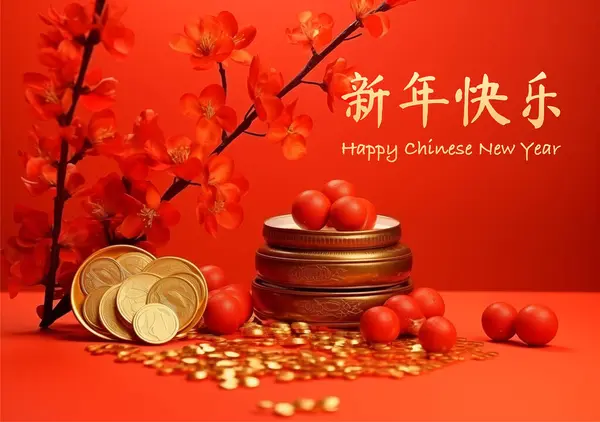 Καλή Κινέζικη Πρωτοχρονιά Ανθός Κερασιάς Δώρο Χρυσό Και Εικονογράφηση Του — Φωτογραφία Αρχείου