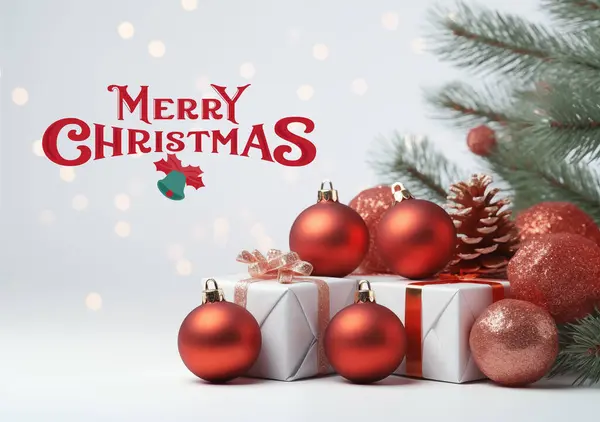圣诞节和新年白色背景 圣诞树松树枝 礼品盒 装饰品 装饰球挂着和带子 明亮的寒假作曲 传单和海报设计 — 图库照片#