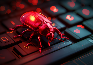 Bilgisayar klavyesinde yürüyen bir hatanın resmi. Tehdit aktöründen gelen bilgisayar hatası, zararlı yazılım, casus yazılım ve diğer kötü niyetli yazılım kavramı.