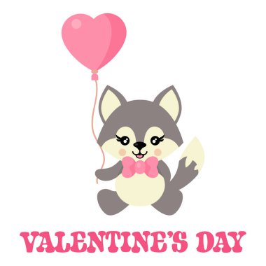 cartoon cute wolf with tie sitting vector and lovely balloon vector and valentines text.