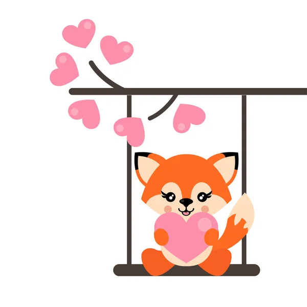 Cartoon Cute Fox Heart Swing Lovely Branch — Stock Vector