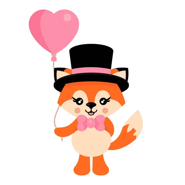 Cartoon Cute Fox Tie Hat Lovely Balloons Vector — Stock Vector