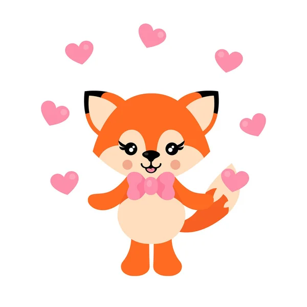 Cartoon Cute Fox Tie Lovely Hearts — Stock Vector