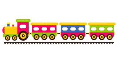 Çizgi film sevimli tren ve tren vagonları raylarda.