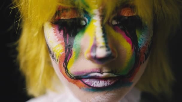Closeup Shot Young Woman Clown Face Art Posing Black Background — Stock Video