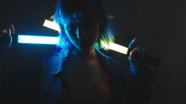 Young Stylish Woman Denim Jacket Posing Led Stick Lights Grey — Stock Video