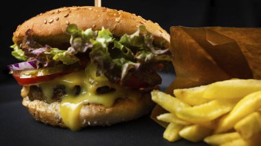 Juicy fresh burger and fries potato in paper pack, tasty fast food
