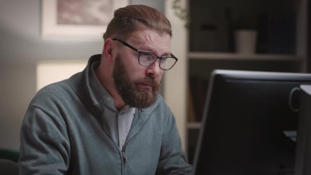 Mature Exhausted Man Fells Headache While Working Computer Home Bearded — Stock video