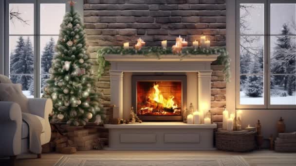 Christmas Winter Interior Modern Living Room Fireplace — Stock Video