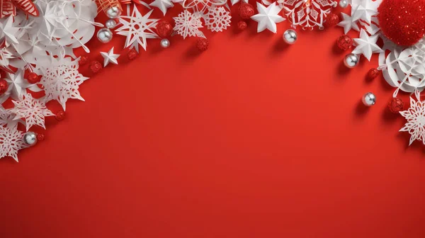 Kırmızı arkaplanda kopyalama alanı ile kağıt yıldızları dekorasyonu