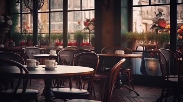 Aconchegante Café Vintage Interior Com Mesas Nevando Fora — Vídeo de Stock