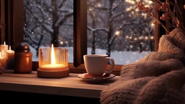 Una Acogedora Casa Navidad Alféizar Con Velas Taza Café — Vídeos de Stock
