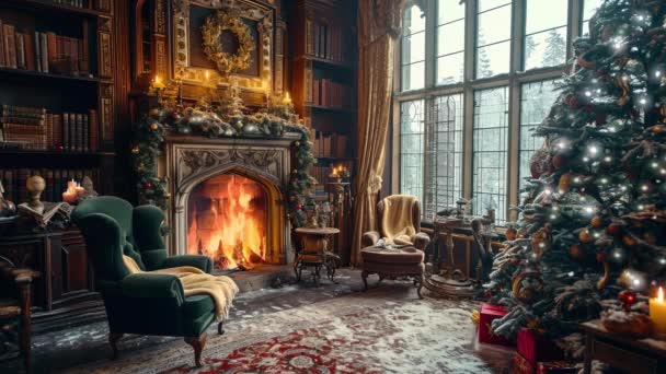 Winter Fireplace Christmas Interior Looped Footage — Stock Video